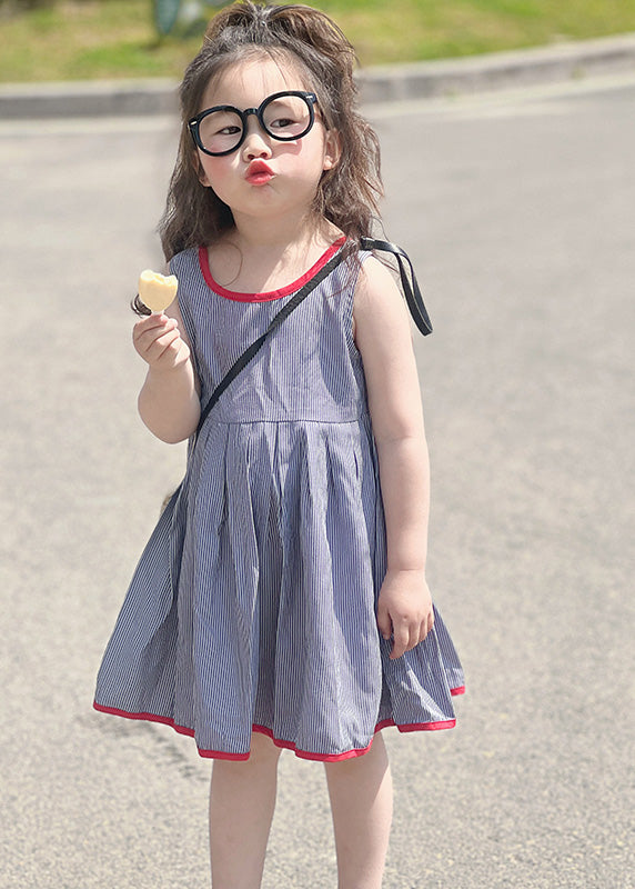 Simple Blue Striped Patchwork Kids Strap Mid Dress Sleeveless