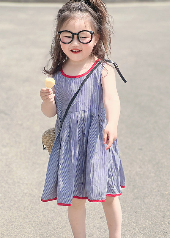 Simple Blue Striped Patchwork Kids Strap Mid Dress Sleeveless