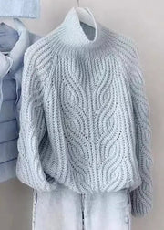 Simple Blue Turtleneck Hollow Out Knit Sweaters Spring