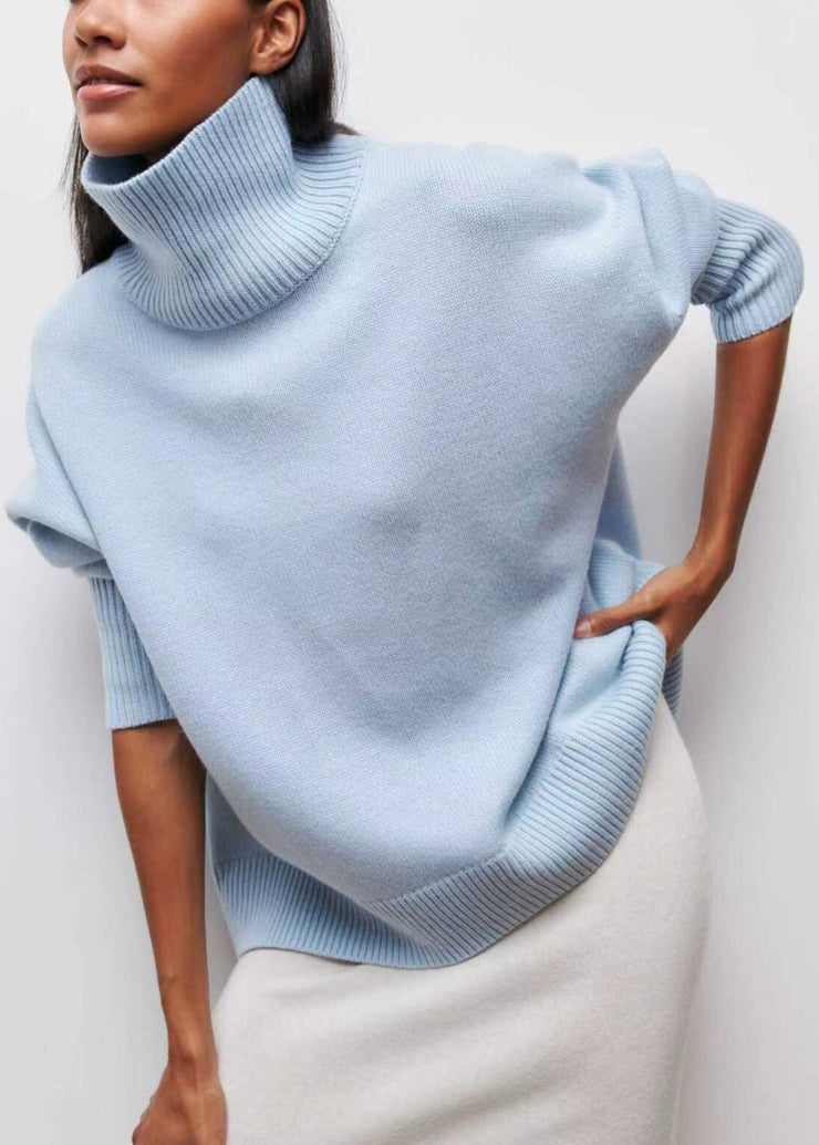 Simple Blue Turtleneck Solid Knit Sweaters Spring