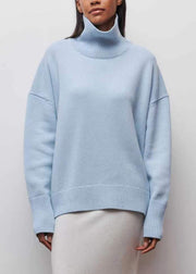 Simple Blue Turtleneck Solid Knit Sweaters Spring