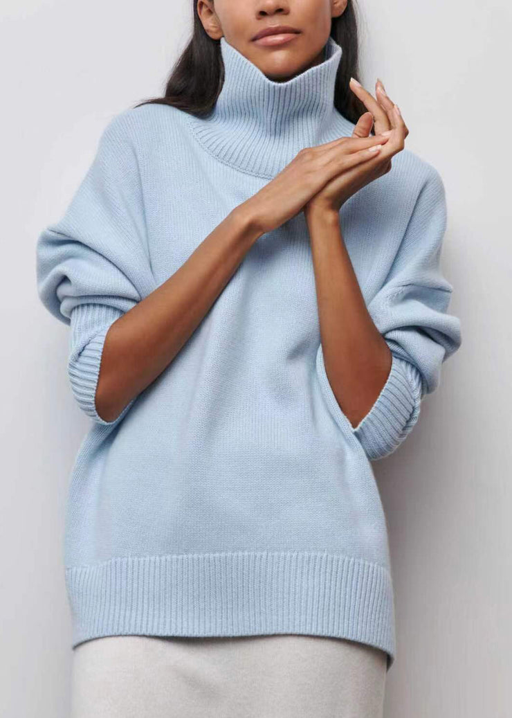 Simple Blue Turtleneck Solid Knit Sweaters Spring