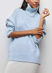 Simple Blue Turtleneck Solid Knit Sweaters Spring