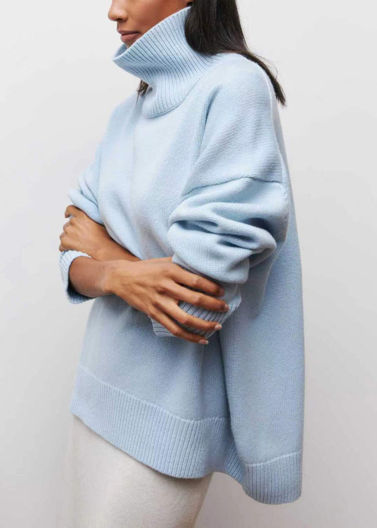 Simple Blue Turtleneck Solid Knit Sweaters Spring