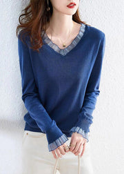 Simple Blue V Neck Patchwork Cozy Cotton Top Long Sleeve