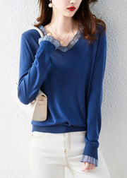 Simple Blue V Neck Patchwork Cozy Cotton Top Long Sleeve