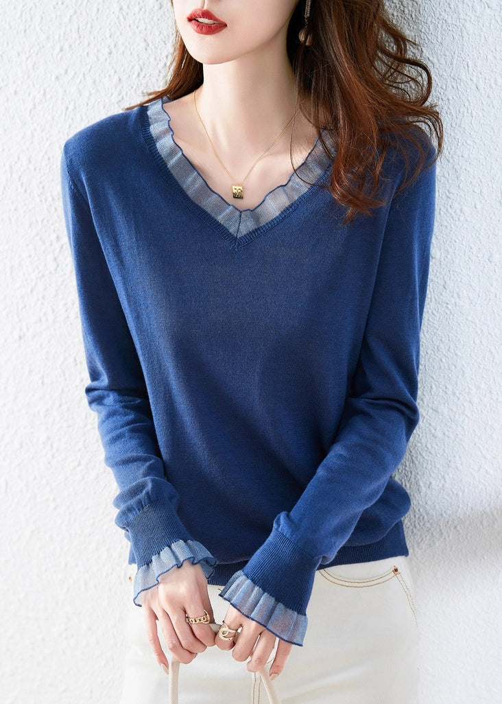 Simple Blue V Neck Patchwork Cozy Cotton Top Long Sleeve