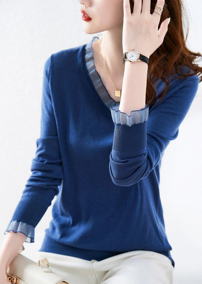 Simple Blue V Neck Patchwork Cozy Cotton Top Long Sleeve