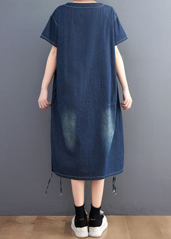 Simple Blue V Neck Patchwork Side Open Denim Dress Summer