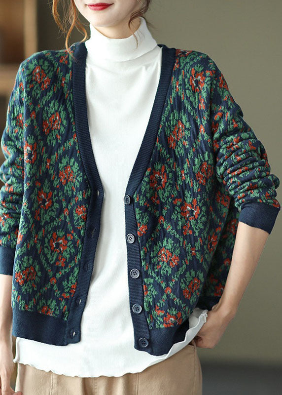 Simple Blue V Neck Print Knit Loose Cardigans Spring