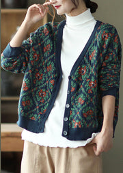 Simple Blue V Neck Print Knit Loose Cardigans Spring