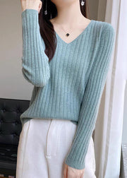 Simple Blue V Neck Solid Knit Sweaters Fall