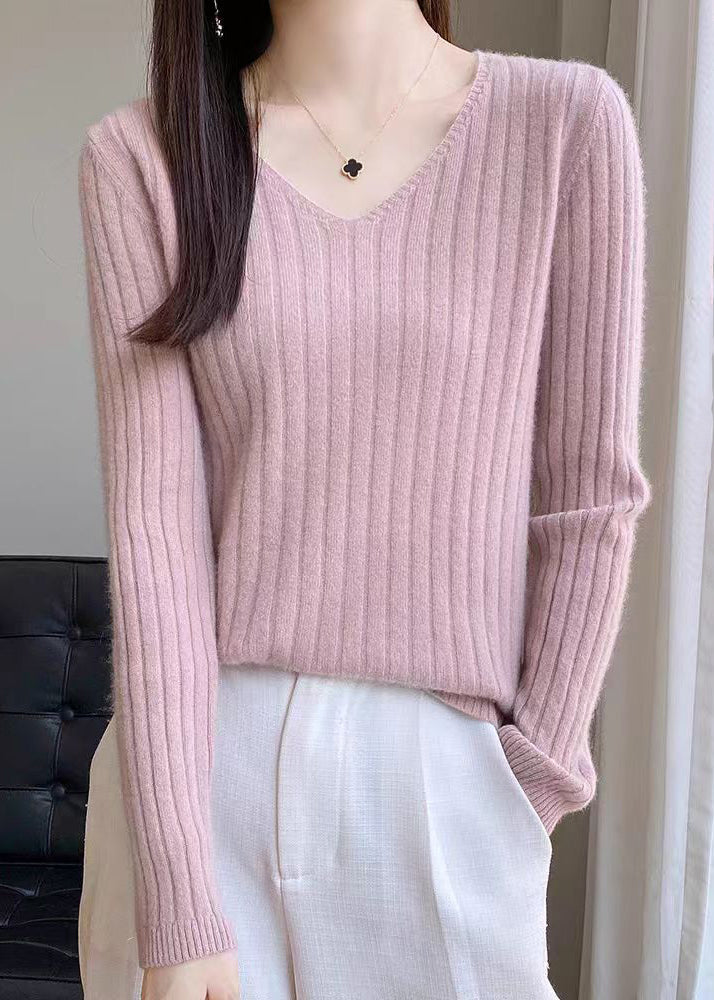 Simple Blue V Neck Solid Knit Sweaters Fall