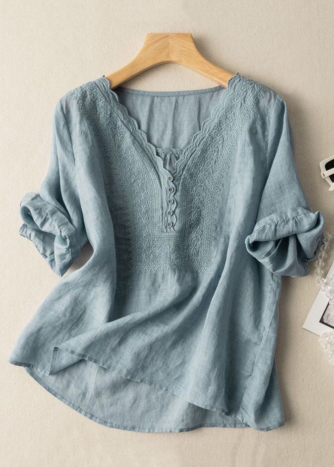 Simple Blue V Neck Solid Linen Shirts Half Sleeve