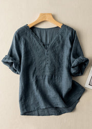 Simple Blue V Neck Solid Linen Shirts Half Sleeve