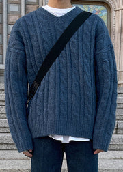 Simple Blue V Neck Thick Cable Cozy Knit Men Sweaters Spring