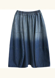 Simple Blue Wrinkled Pockets Gradient Color Denim Skirts Summer