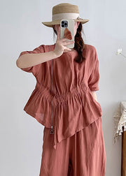 Simple Brick Red Asymmetrical Wrinkled Linen Shirts Summer