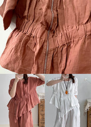 Simple Brick Red Asymmetrical Wrinkled Linen Shirts Summer