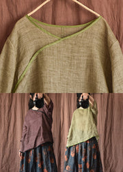 Simple Brick Red V Neck Patchwork Side Open Linen Tops Long Sleeve