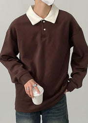 Simple Brown Button Patchwork Cotton Men Polo Shirt Spring