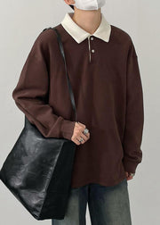 Simple Brown Button Patchwork Cotton Men Polo Shirt Spring