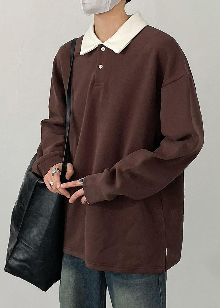 Simple Brown Button Patchwork Cotton Men Polo Shirt Spring