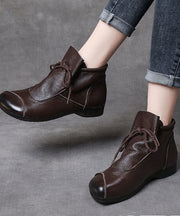 Simple Brown Cowhide Leather Boots Lace Up Splicing Ankle Boots