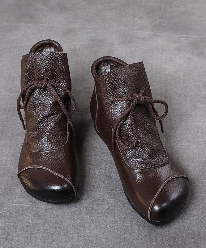 Simple Brown Cowhide Leather Boots Lace Up Splicing Ankle Boots