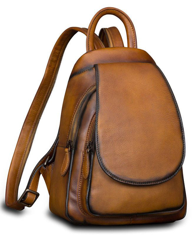 Simple Brown Large Capacity Genuine Calf Leather Backpack Bag