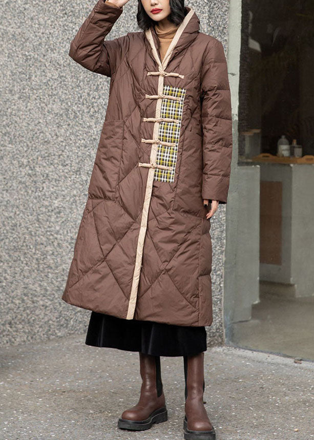 Simple Brown Patchwork Oriental Button Duck Down Puffer Outwear Winter