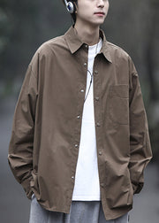 Simple Brown Peter Pan Collar Button Cotton Men Shirts Spring