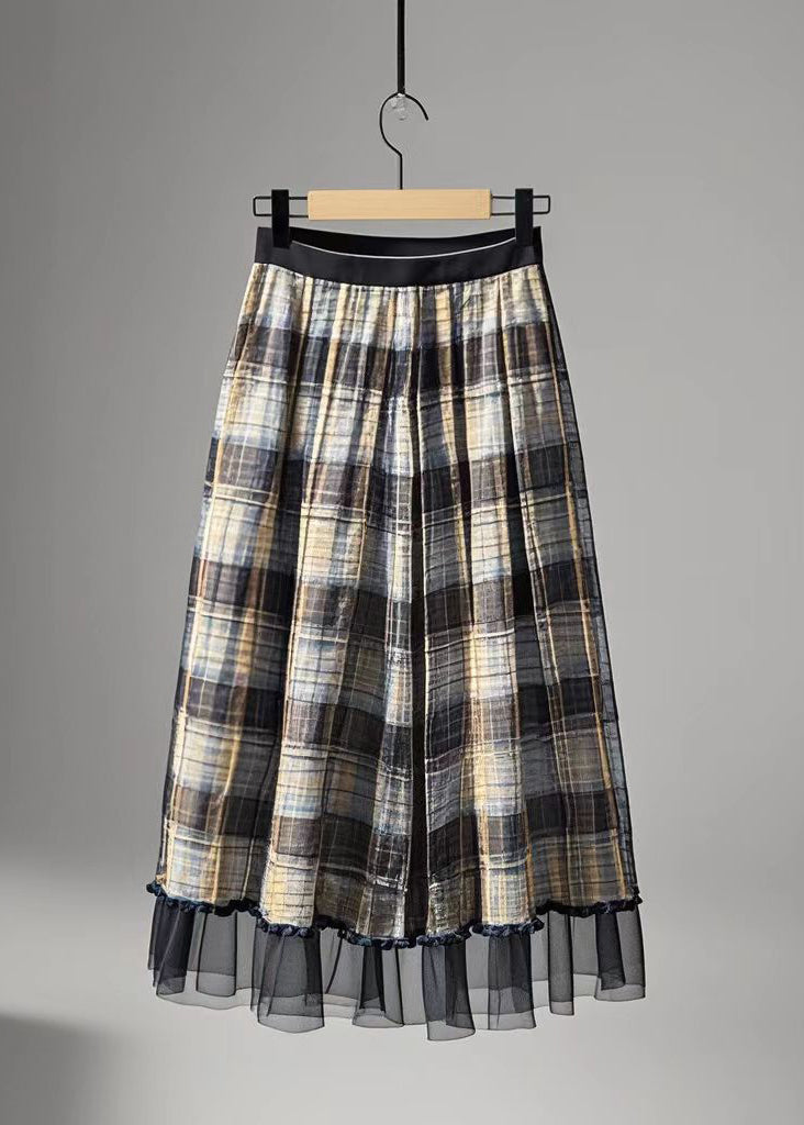 Simple Brown Plaid Patchwork Tulle Skirt Summer