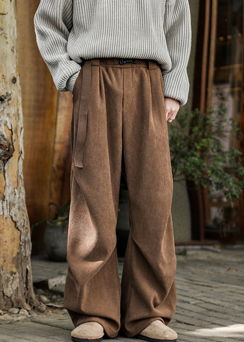 Simple Brown Pockets High Waist Warm Fleece Corduroy Men Pants Spring