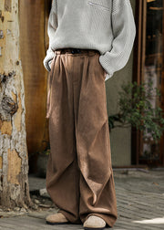 Simple Brown Pockets High Waist Warm Fleece Corduroy Men Pants Spring