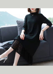 Simple Brown Pockets Lace Patchwork Knit Dresses Fall