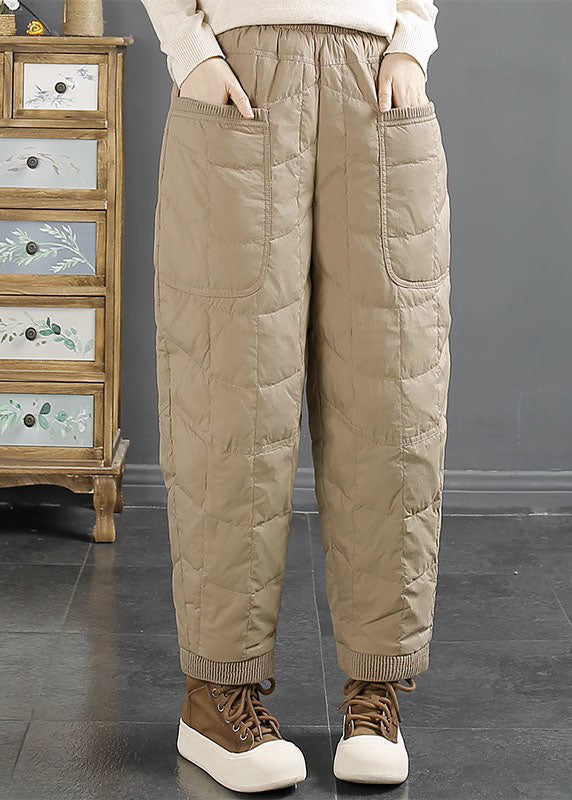 Simple Brown Pockets Solid Warm Duck Down Pants Winter