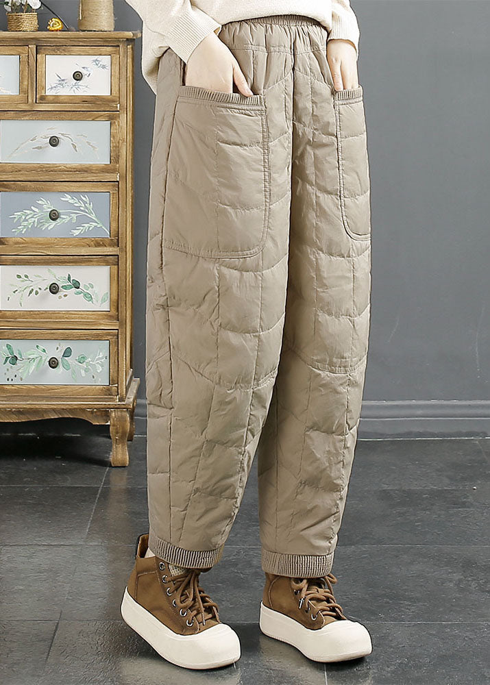 Simple Brown Pockets Solid Warm Duck Down Pants Winter