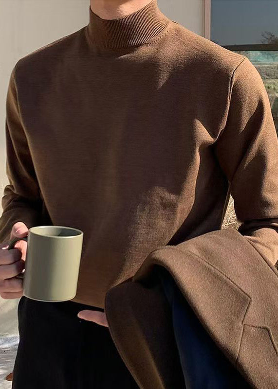 Simple Brown Turtleneck Solid Knit Men Sweaters Winter