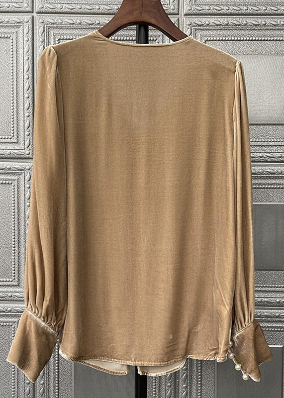 Simple Brown V Neck Pearl Patchwork Silk Velour Top Long Sleeve