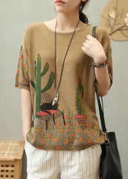 Simple Camel Print Patchwork Cozy Cotton Knit Top Summer