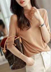 Simple Camel Turtleneck Cozy Cotton Knit Tops Half Sleeve