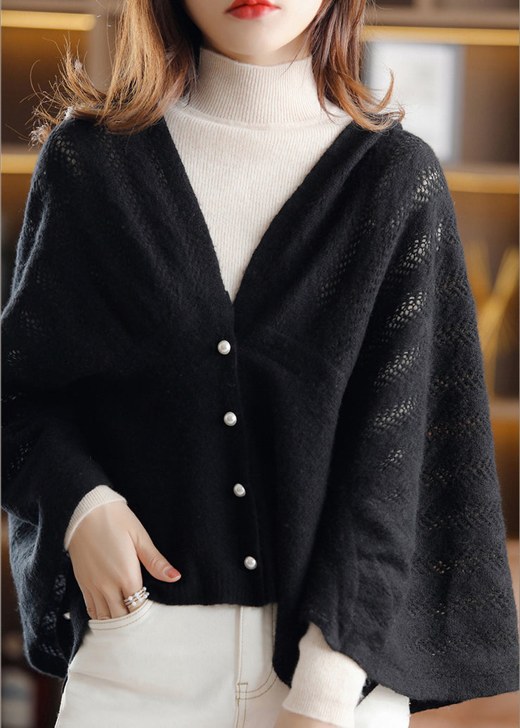 Simple Camel V Neck Button Hollow Out Knit Cape Spring