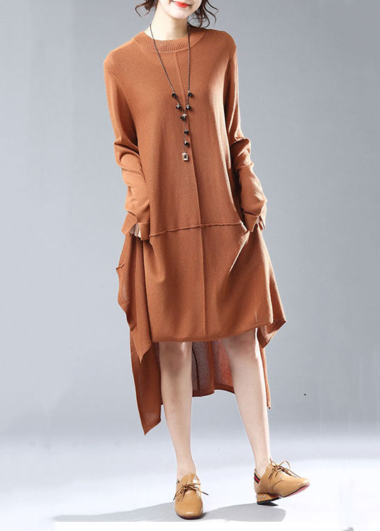 Simple Caramel O Neck Low High Design Patchwork Knit Knitwear  Dress Fall