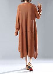 Simple Caramel O Neck Low High Design Patchwork Knit Knitwear  Dress Fall