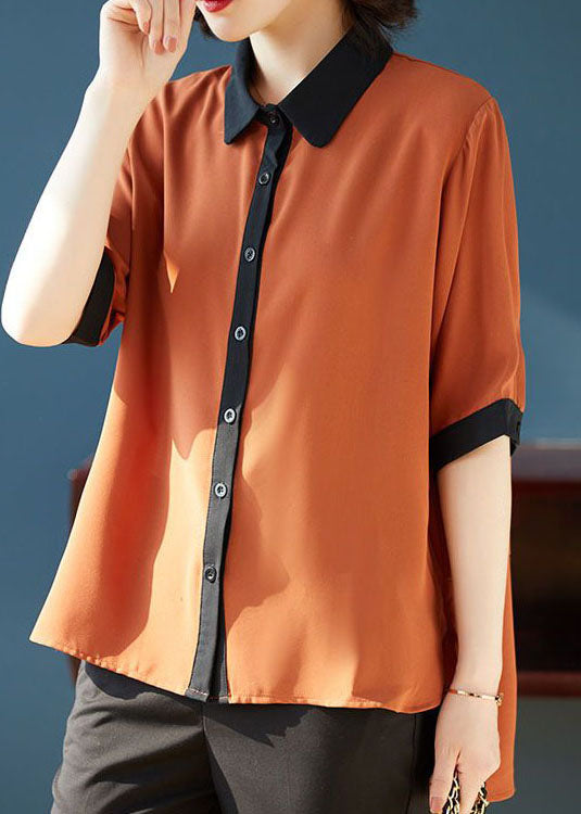 Simple Caramel Peter Pan Collar Button Patchwork Chiffon Shirts Top Summer