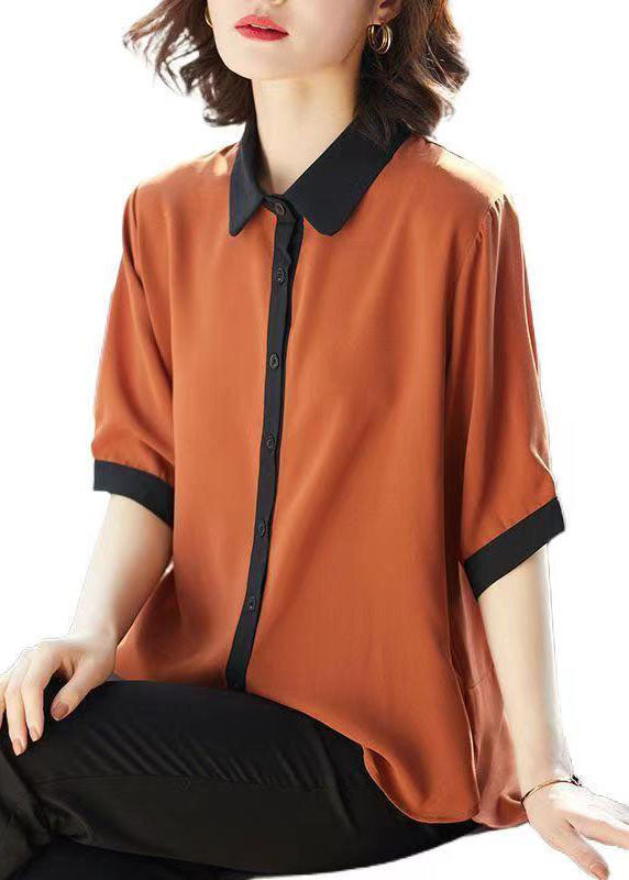 Simple Caramel Peter Pan Collar Button Patchwork Chiffon Shirts Top Summer