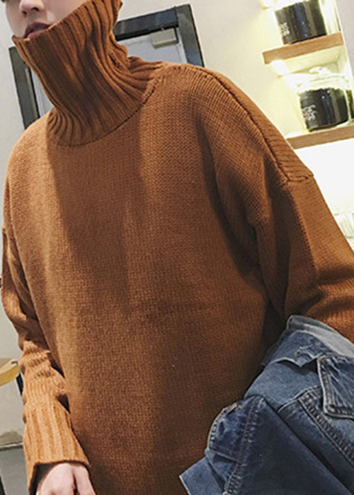 Simple Caramel Turtleneck Solid Knit Men Sweaters Winter