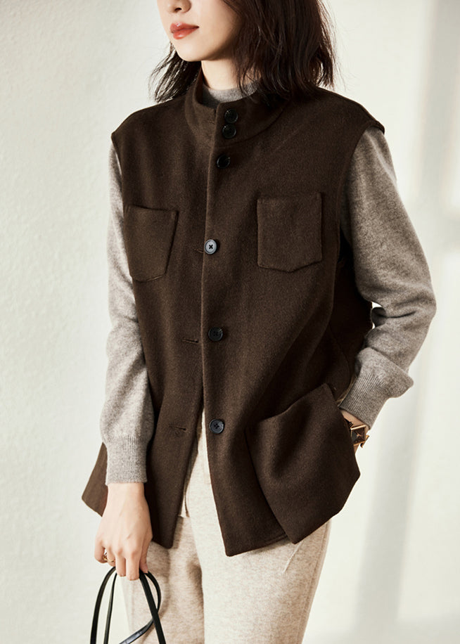 Simple Chocolate Colour Stand Collar Button Pockets Woolen Waistcoat Sleeveless