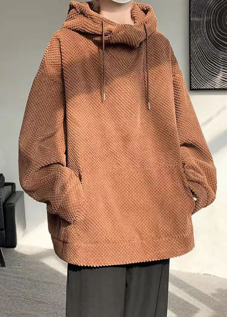 Simple Coffee Hooded Pockets Corduroy Men Sweatshirt Spring